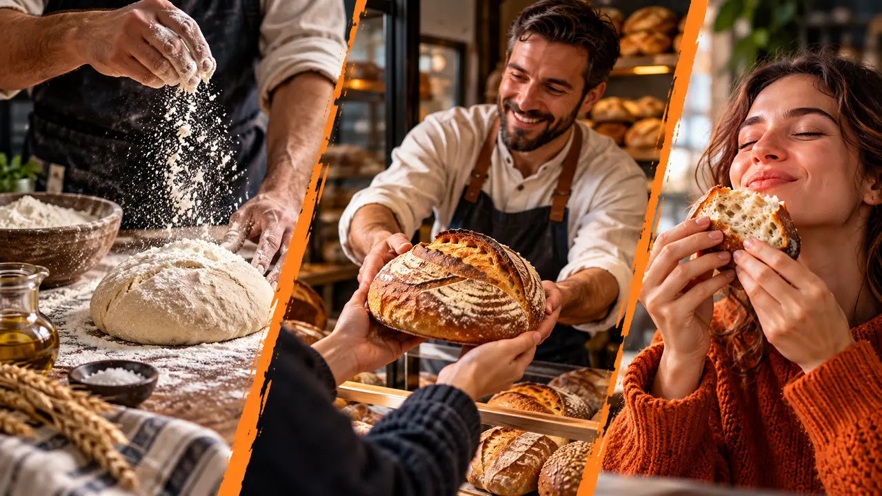 مراحل تهیه و ارائه نان تازه به‌عنوان نمونه نمایشیِ مزیت محصول