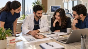 Dubai dental clinic team reviewing a service advertisement together