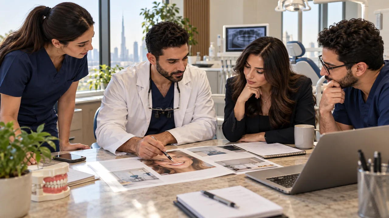 Dubai dental clinic team reviewing a service advertisement together