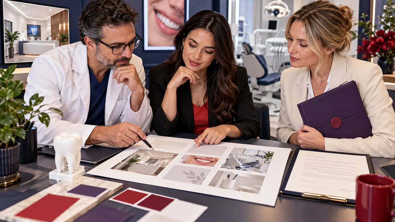 Dental team jointly reviewing a neutral ad storyboard and consent materials