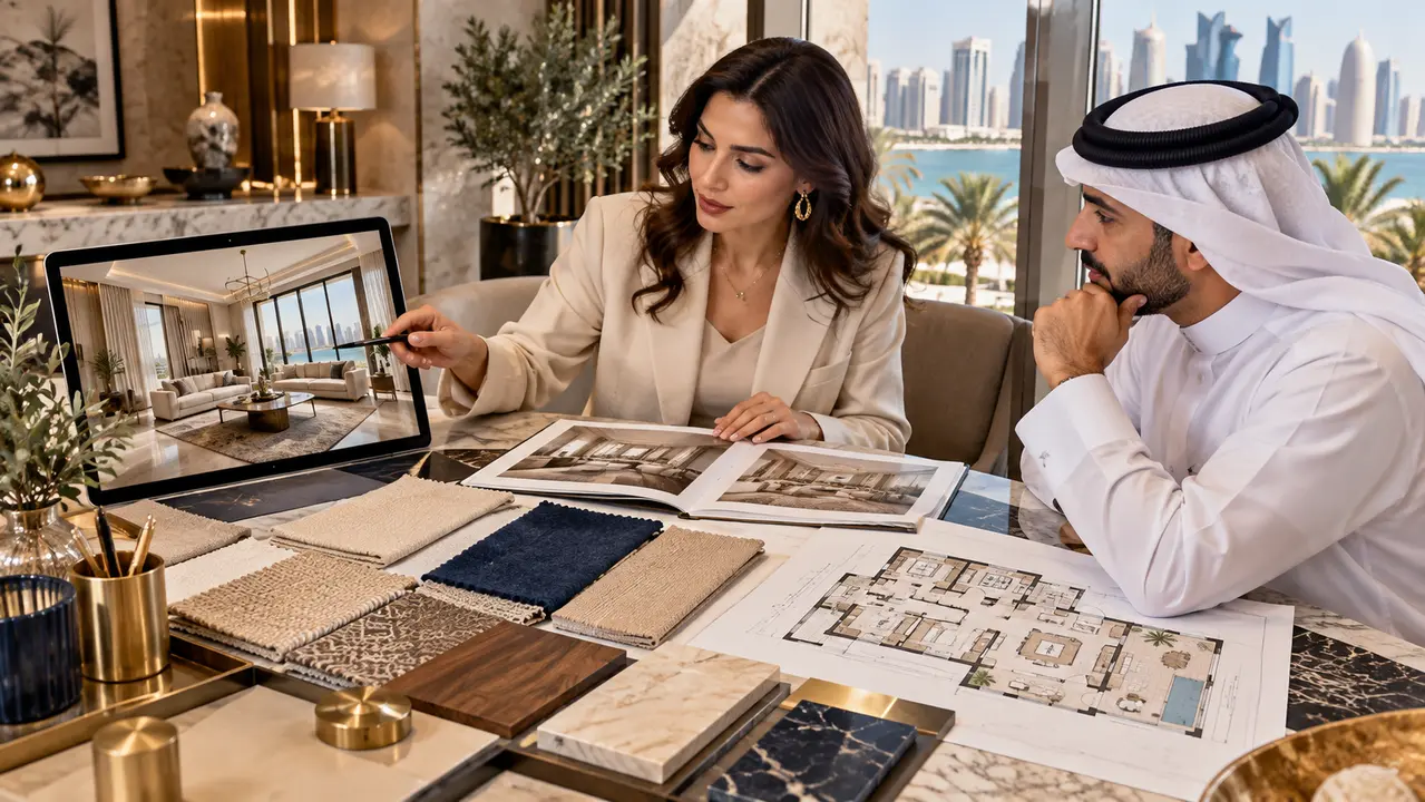 Doha designer discussing a residential project's scope with a client using materials and a model