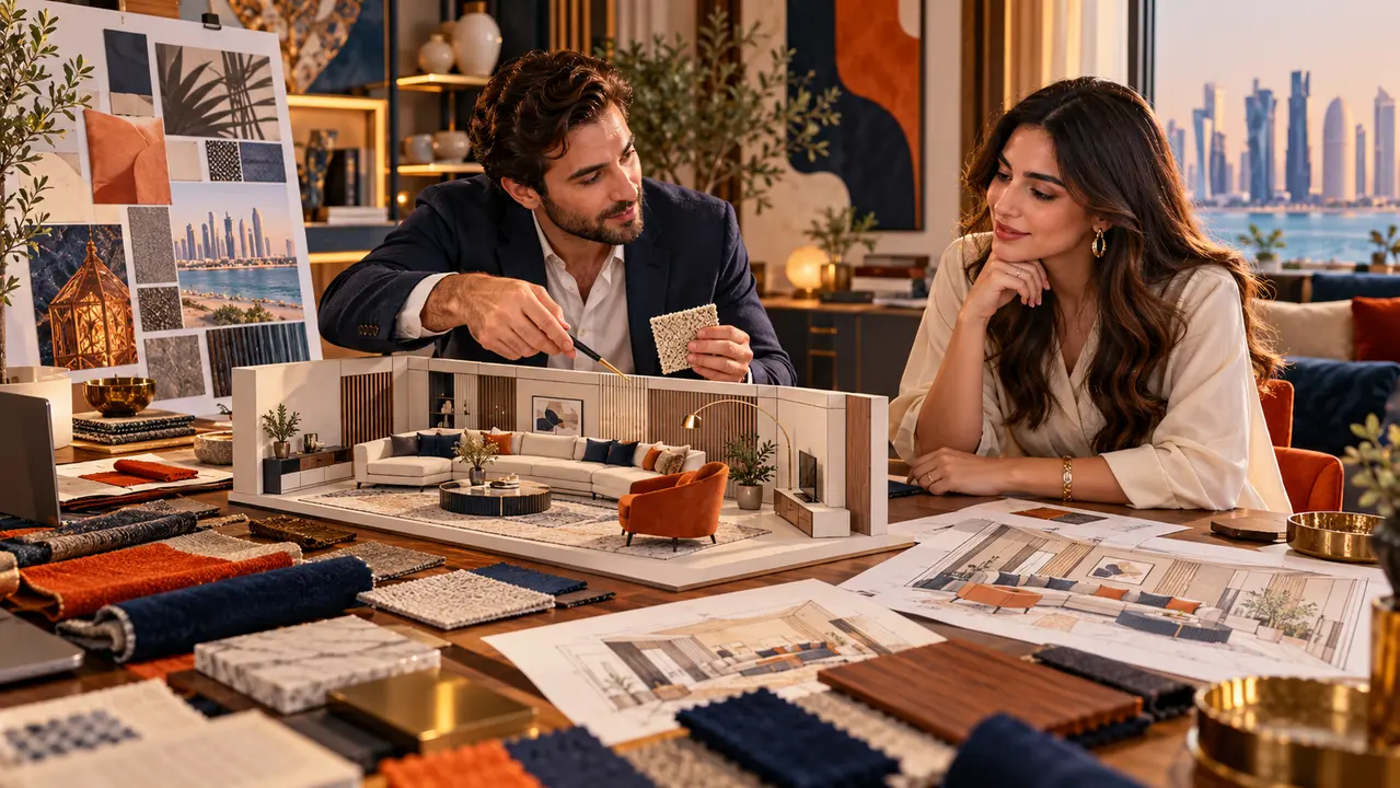 Designer and client reviewing a proposed Doha interior concept model and material samples
