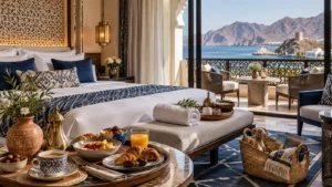 A Muscat hotel room with sea and mountain views, breakfast and family activity details