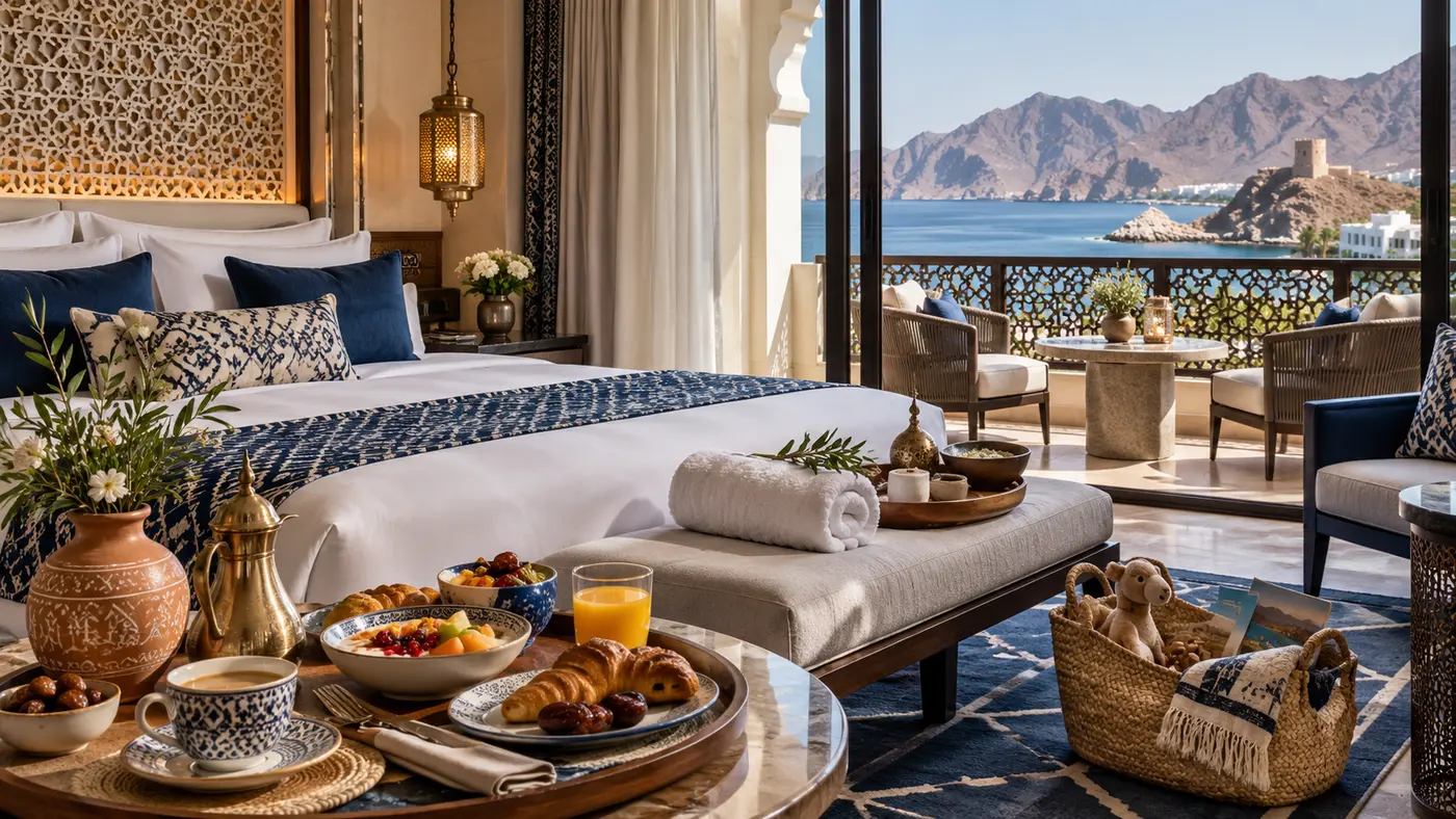 A Muscat hotel room with sea and mountain views, breakfast and family activity details