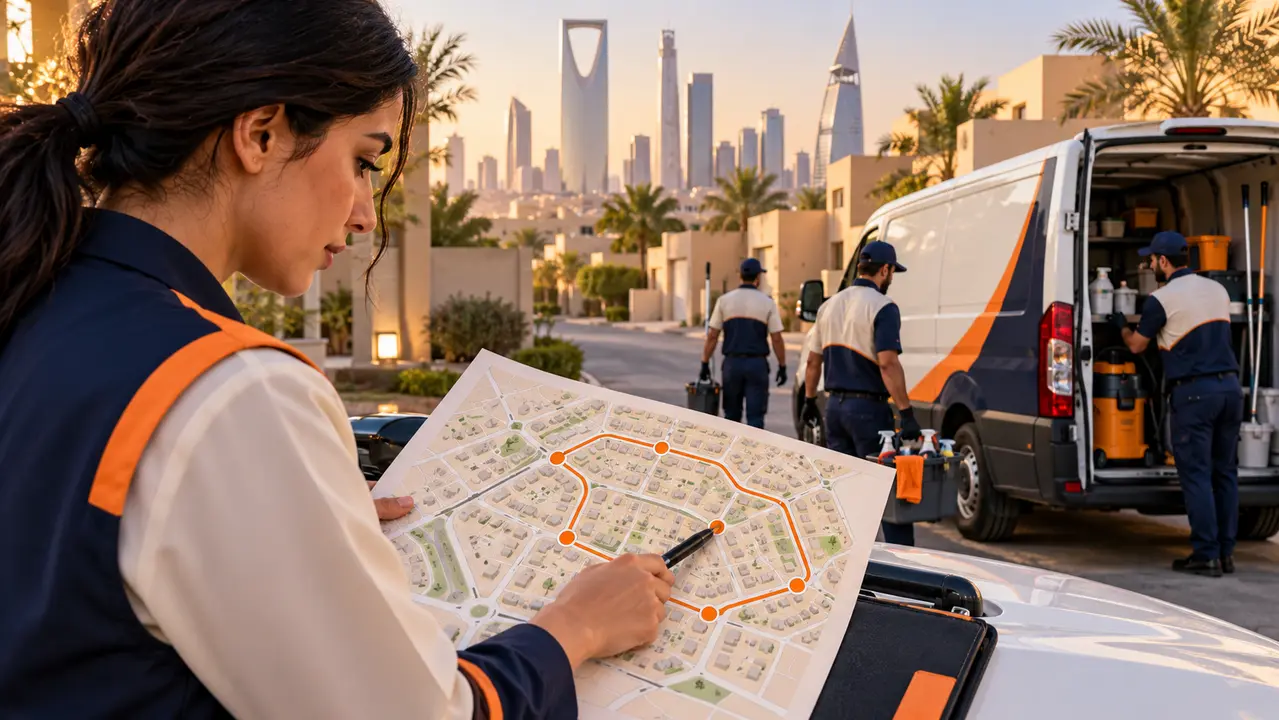 Cleaning team checking its service route before accepting a booking in Riyadh