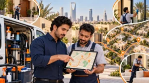 Riyadh cleaning dispatcher and team member checking a realistic local service route