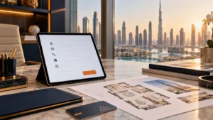 Dubai property enquiry form on a tablet beside a floor plan