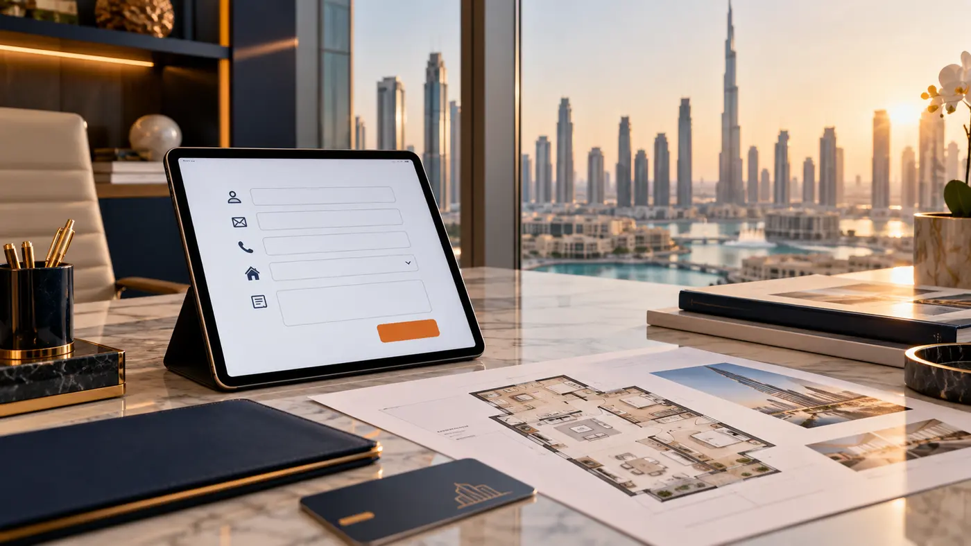 Dubai property enquiry form on a tablet beside a floor plan