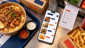 Restaurant delivery menu on a phone beside takeaway food and an order ticket