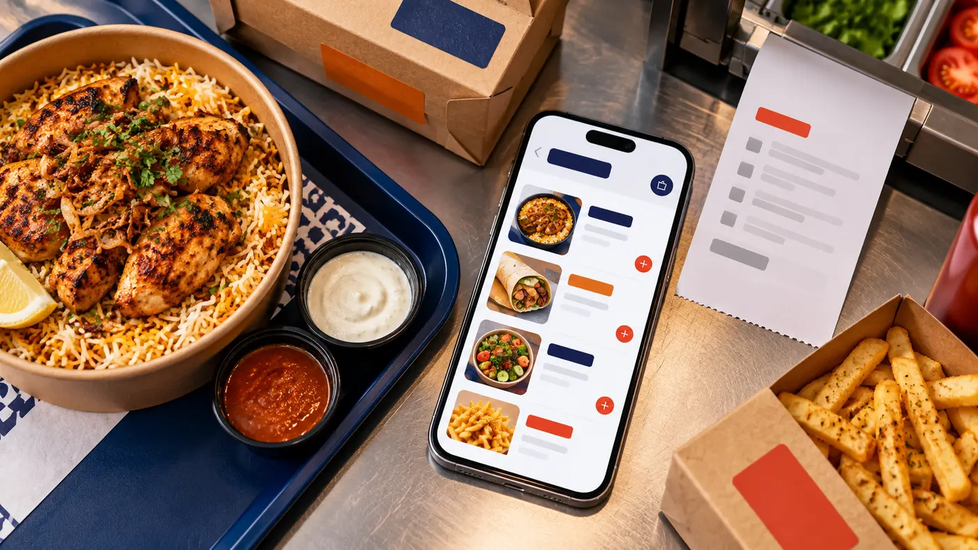 Restaurant delivery menu on a phone beside takeaway food and an order ticket