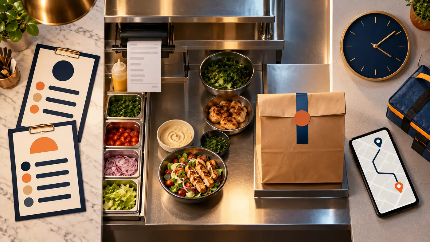 Restaurant menu, kitchen prep, sealed takeaway bag and delivery route arranged as one workflow