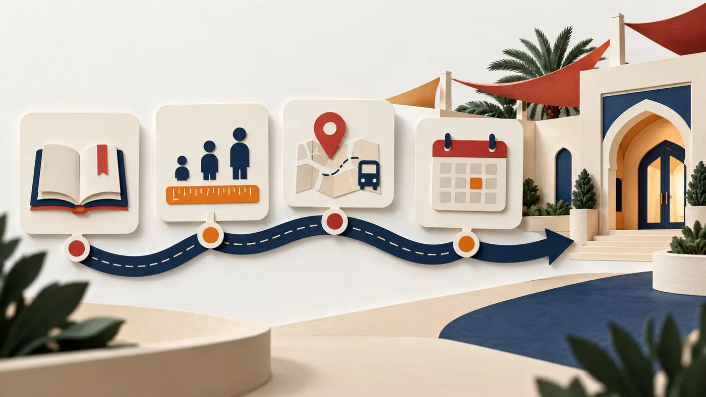 Illustrated parent enquiry path from curriculum and grade to transport and campus visit