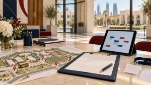 School admissions desk in Qatar with campus map, enquiry form and visit calendar