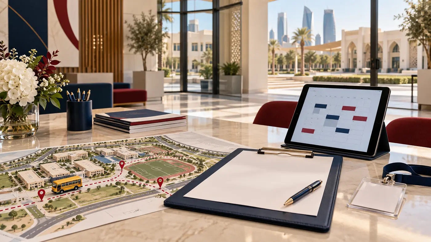 School admissions desk in Qatar with campus map, enquiry form and visit calendar